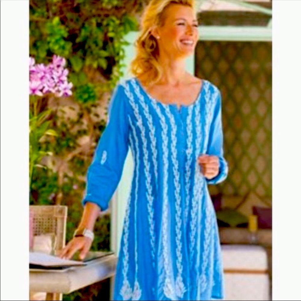 Soft Surroundings tunic top - blue with white sequin embroidery